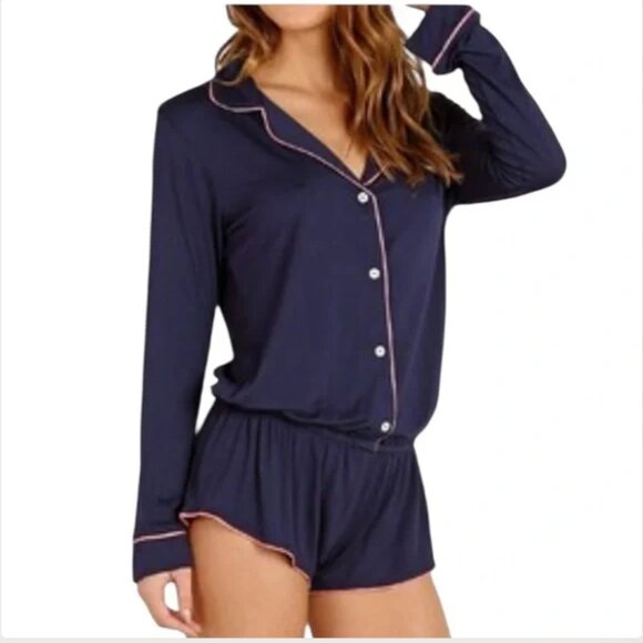 Eberjey Gisele Navy Sleep Romper PJ Pajamas Blue Pink Trim M - Picture 1 of 4